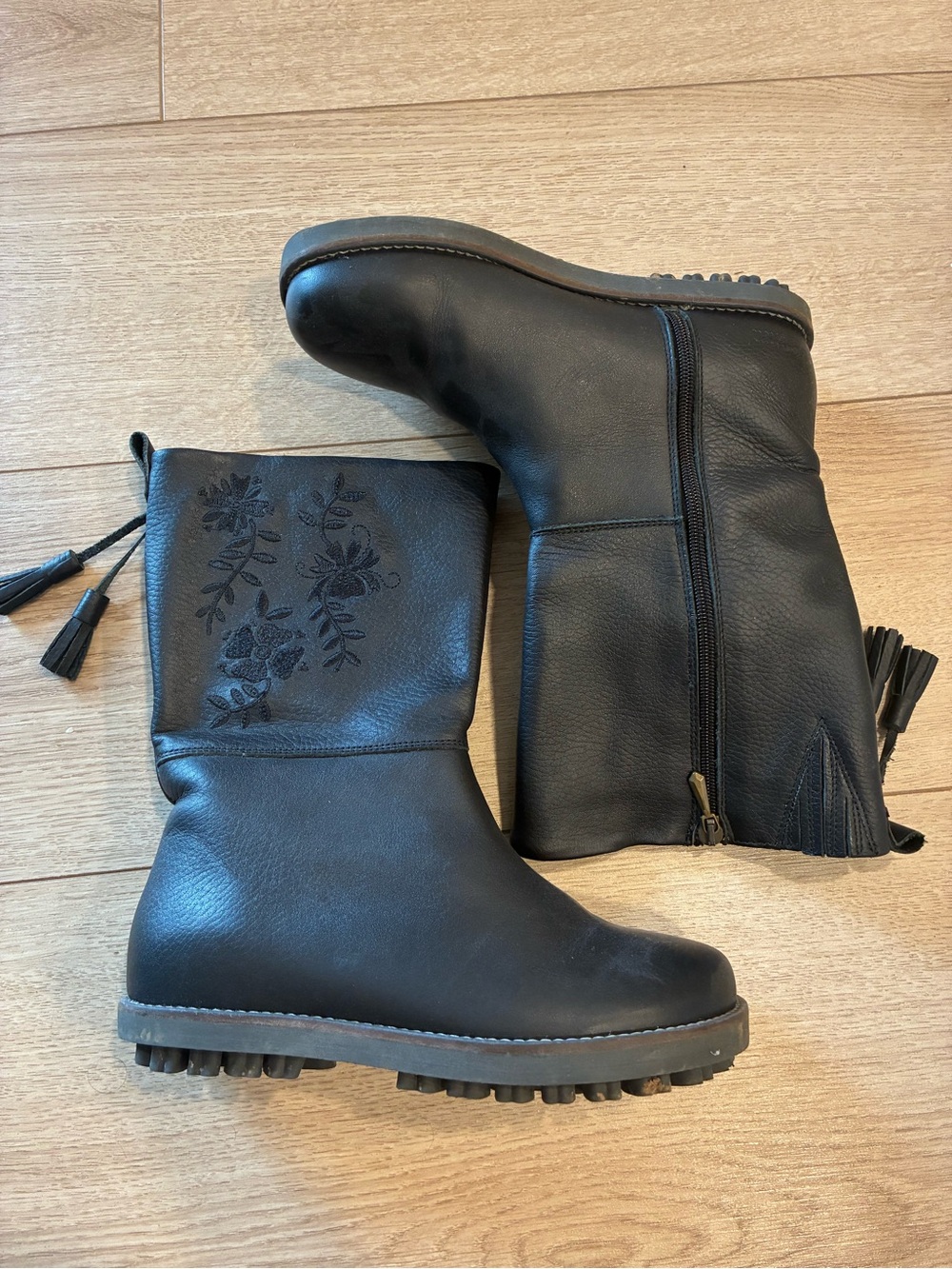 Gudrun Sjoden Women’s Black Embroidered Leather Tassel Boot Size 36/6 US